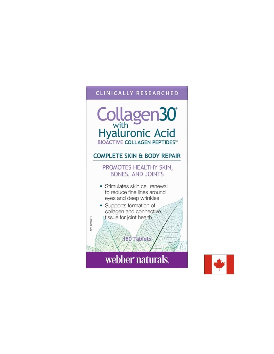 Collagen30® with Hyaluronic Acid / Колаген (биоактивни колагенови пептиди) с хиалуронова киселина, 180 таблетки Webber Naturals