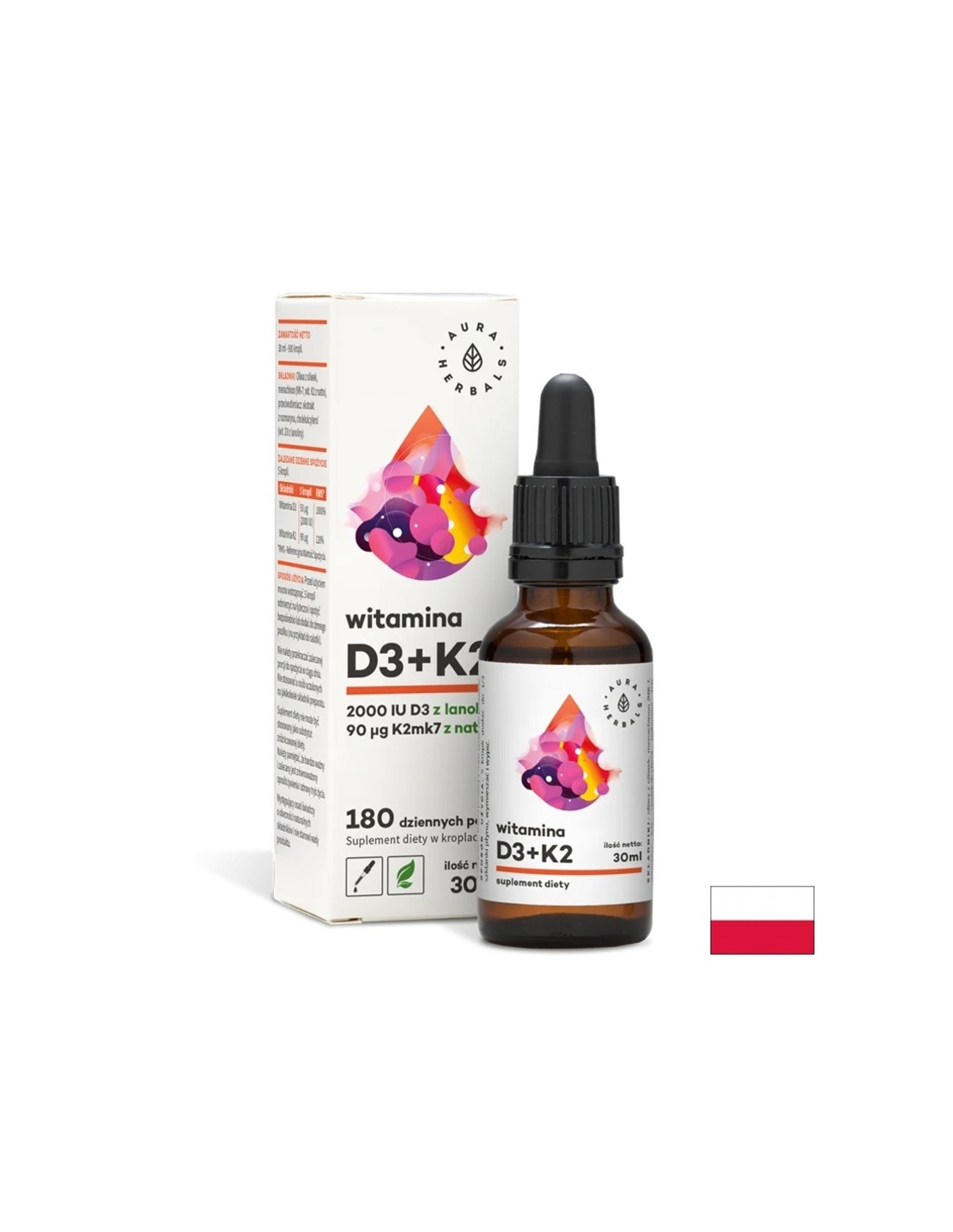 Кости и зъби - Витамин D3 + K2, 30 ml капки Aura Herbals