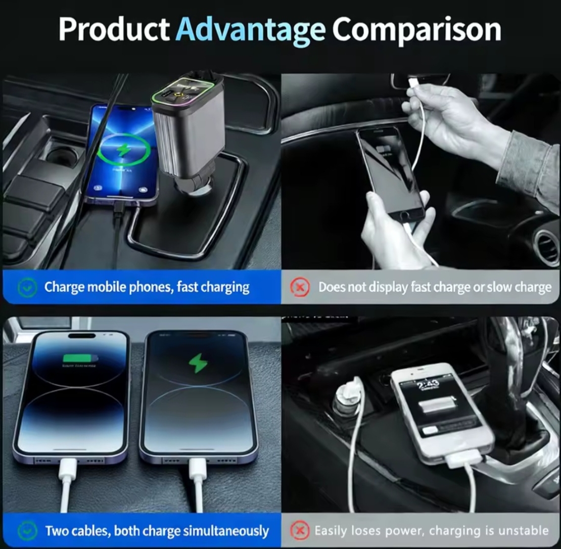 FM трансмитер Bluetooth 5.3 за кола, Car Kit с прибиращи се кабели, автомобилно зарядно 2 порта QC 3.0 + PD 30W, MP3 плейър за кола, hands-free устройство, цифров екран, външен микрофон, 12-24V, за iPhone/Android