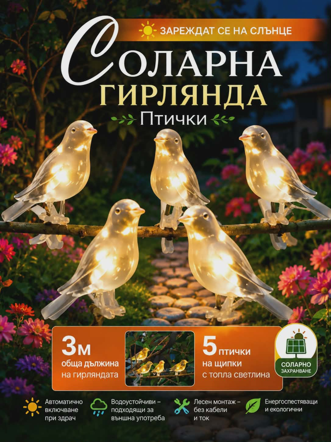 Соларни градински лампи „Птички“ – декоративно LED осветление за двор и градина (комплект)