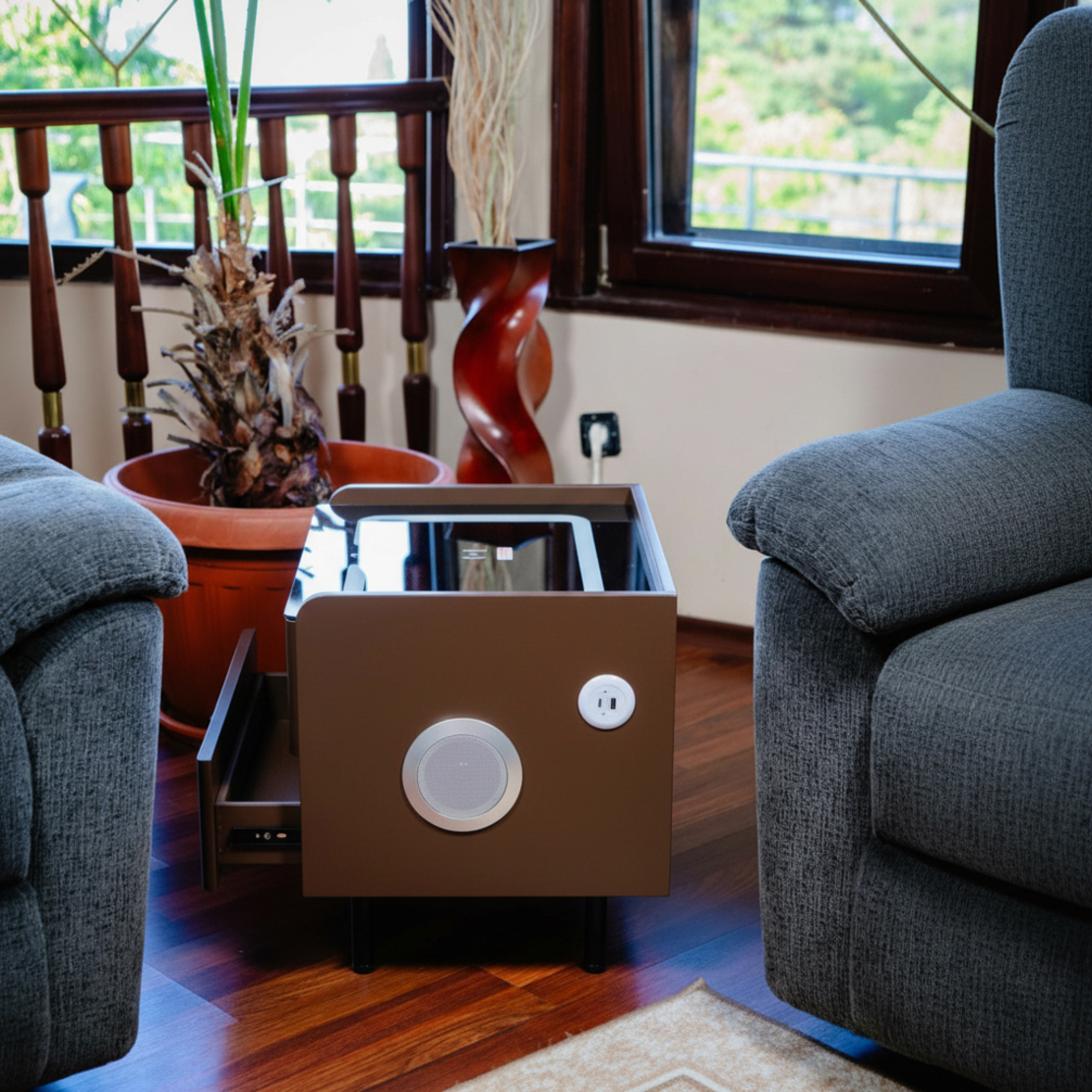 Смарт Шкаф LINEA - безжично зареждане, Bluetooth стерео тонколона 20W, USB-A & USB-C, LED осветление (Цвят:Кафяв)