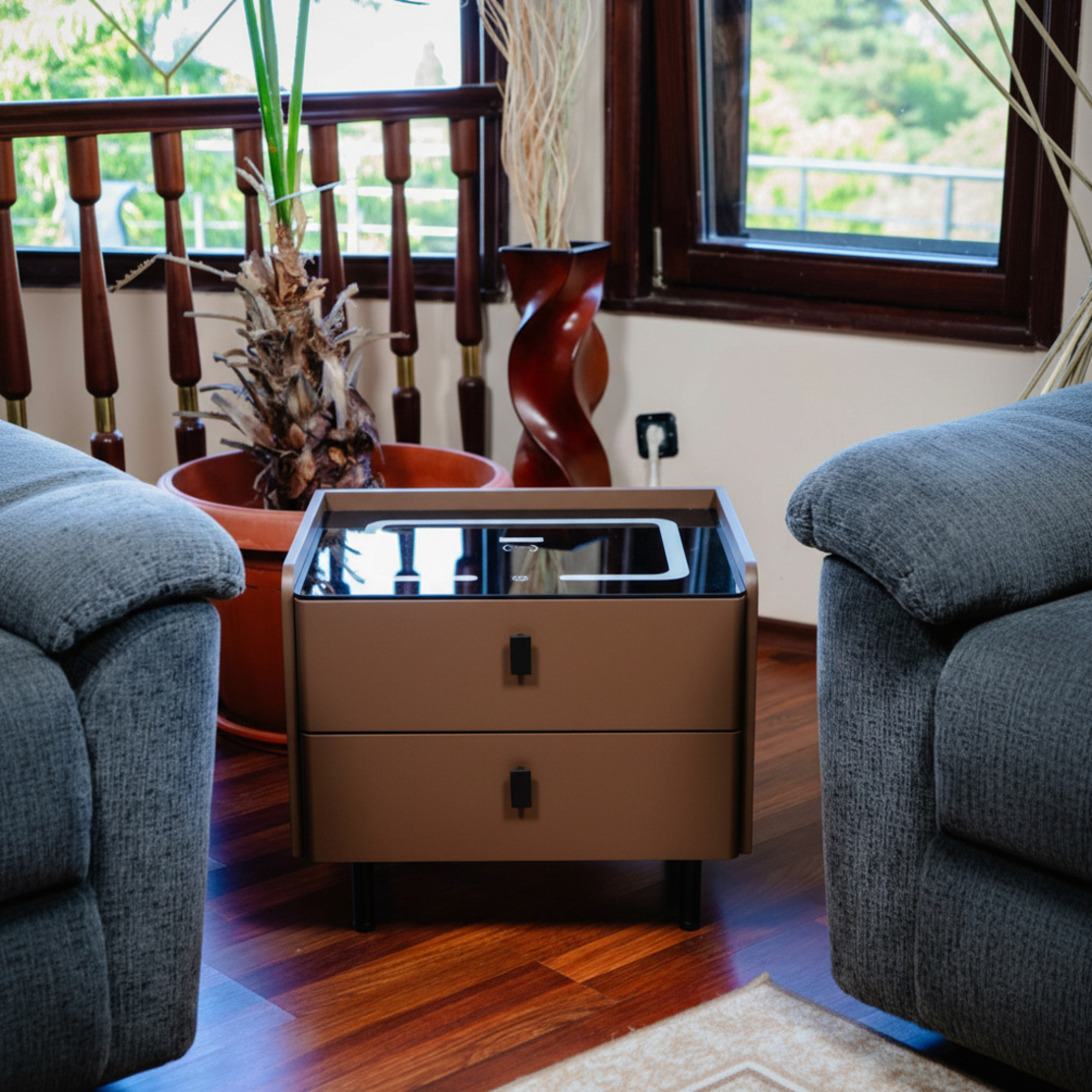 Смарт Шкаф LINEA - безжично зареждане, Bluetooth стерео тонколона 20W, USB-A & USB-C, LED осветление (Цвят:Кафяв)