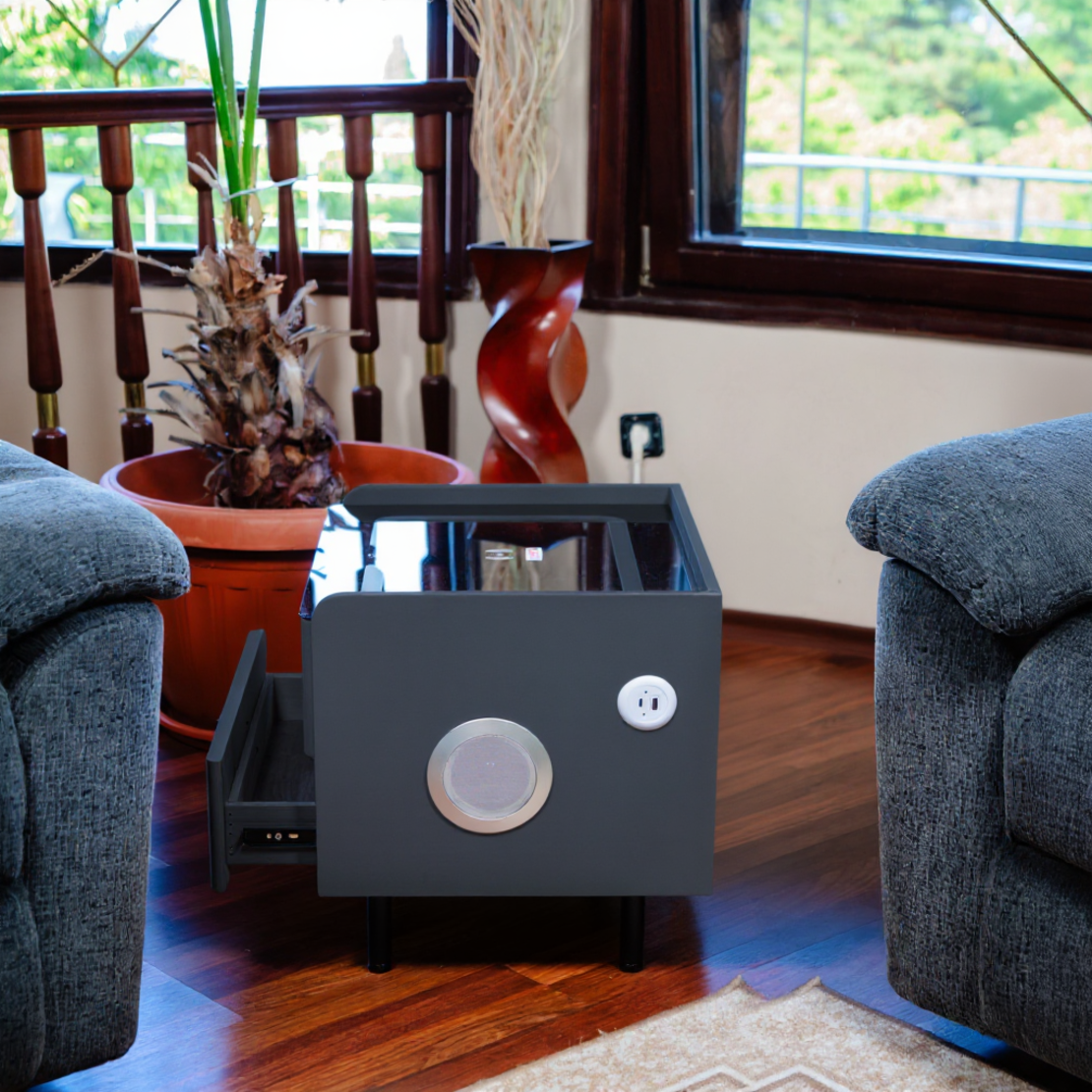 Смарт Шкаф LINEA - безжично зареждане, Bluetooth стерео тонколона 20W, USB-A & USB-C, LED осветление(Цвят: Тъмно Сив)