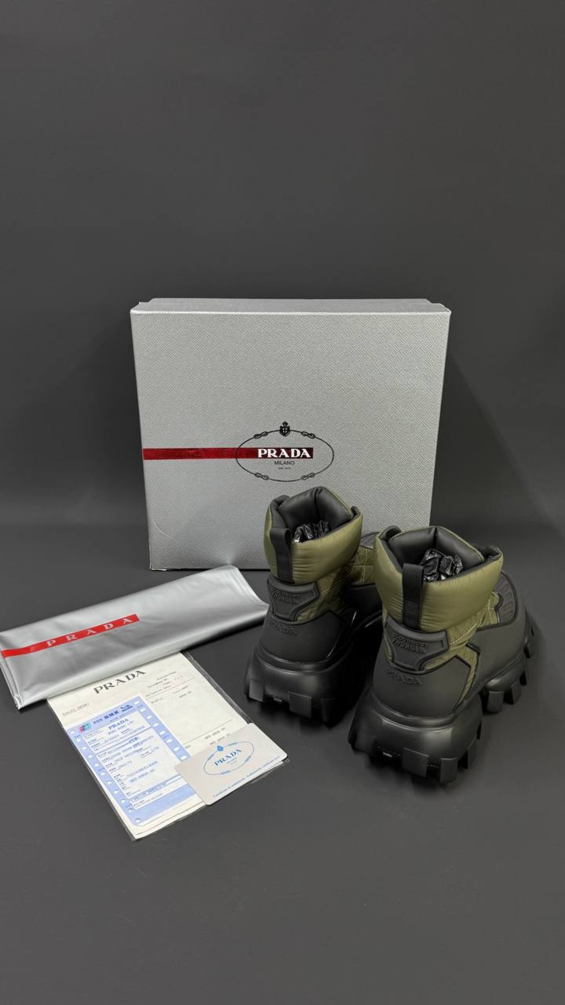 Prada Monolith Gabardine Boots – Military Green / Black