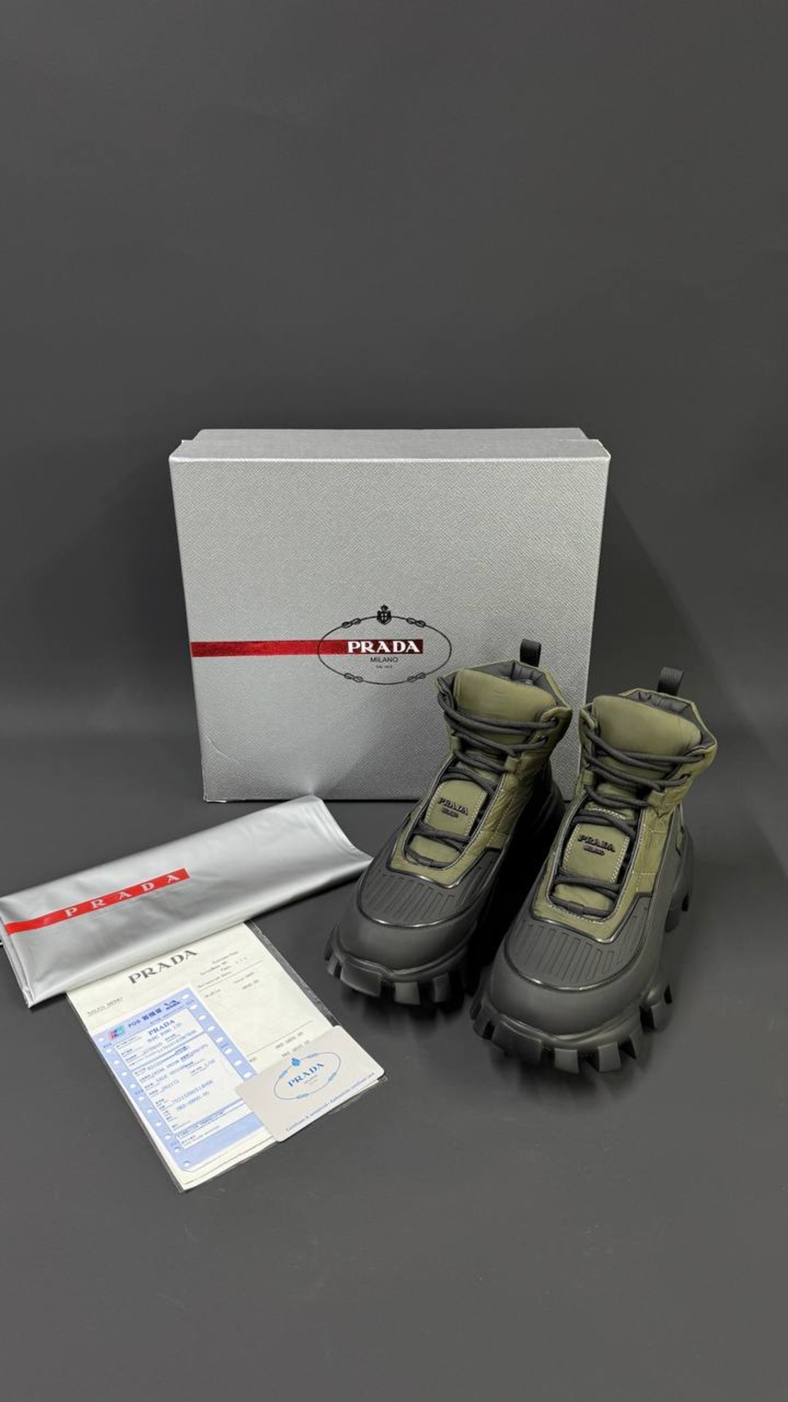 Prada Monolith Gabardine Boots – Military Green / Black