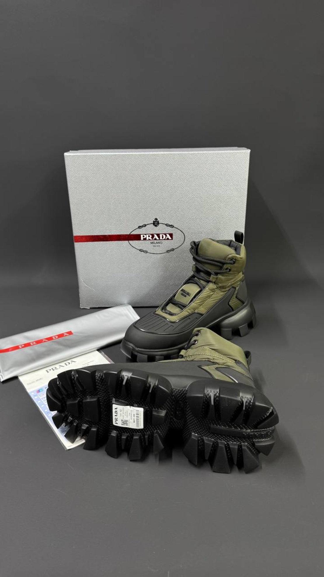 Prada Monolith Gabardine Boots – Military Green / Black
