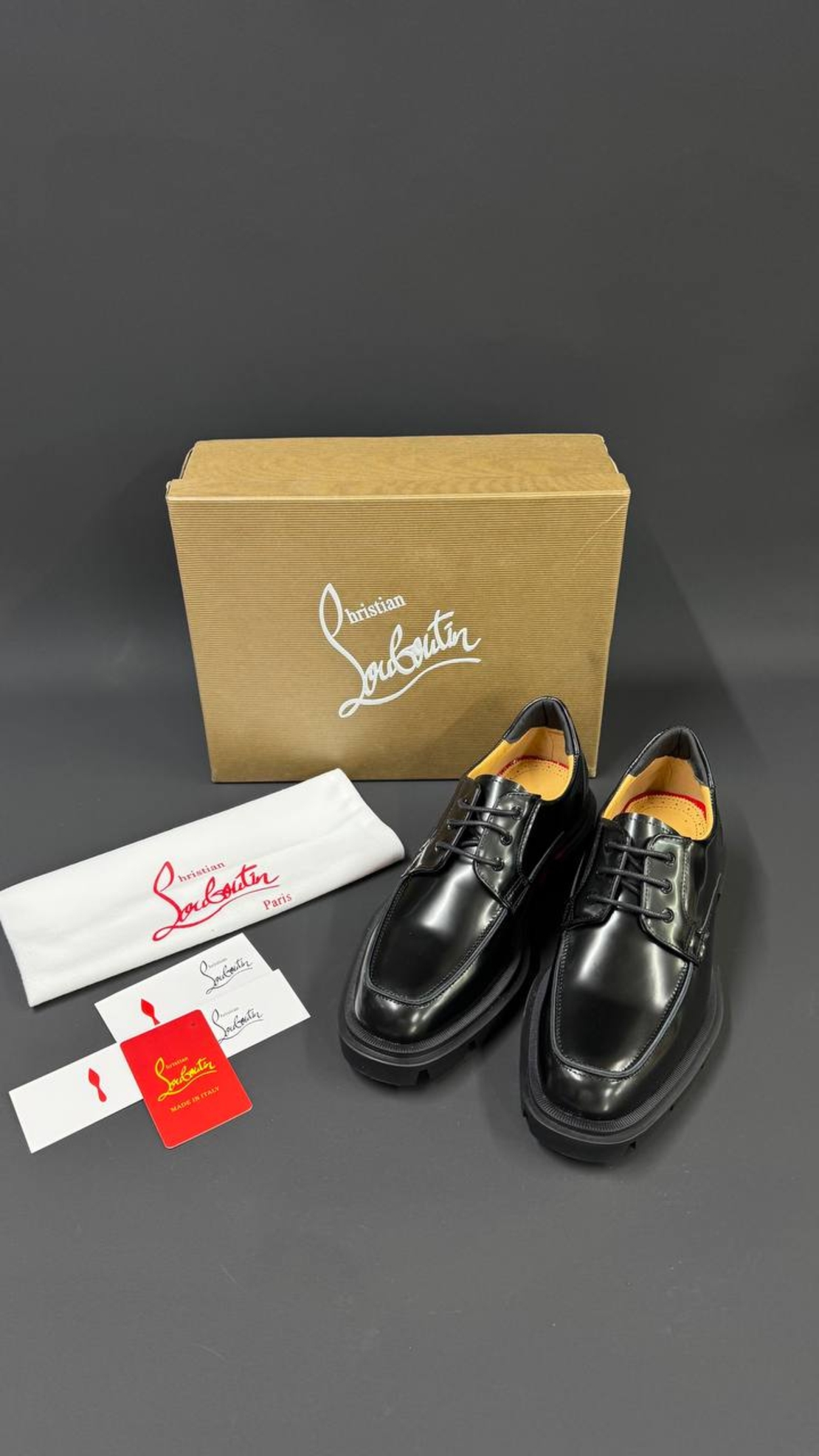 Christian Louboutin Greggo Trek Derby – Black Patent / Red Sole