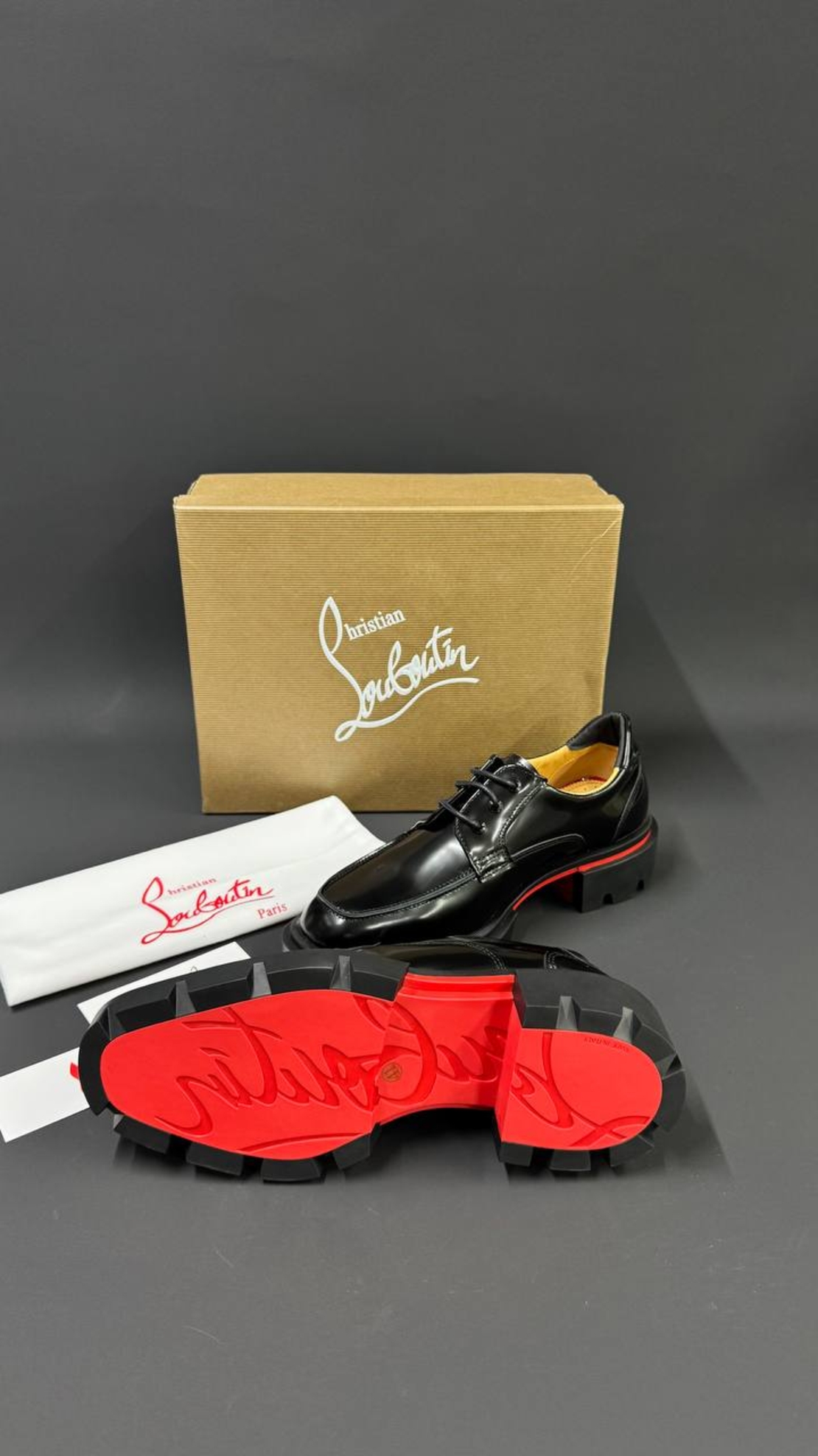 Christian Louboutin Greggo Trek Derby – Black Patent / Red Sole