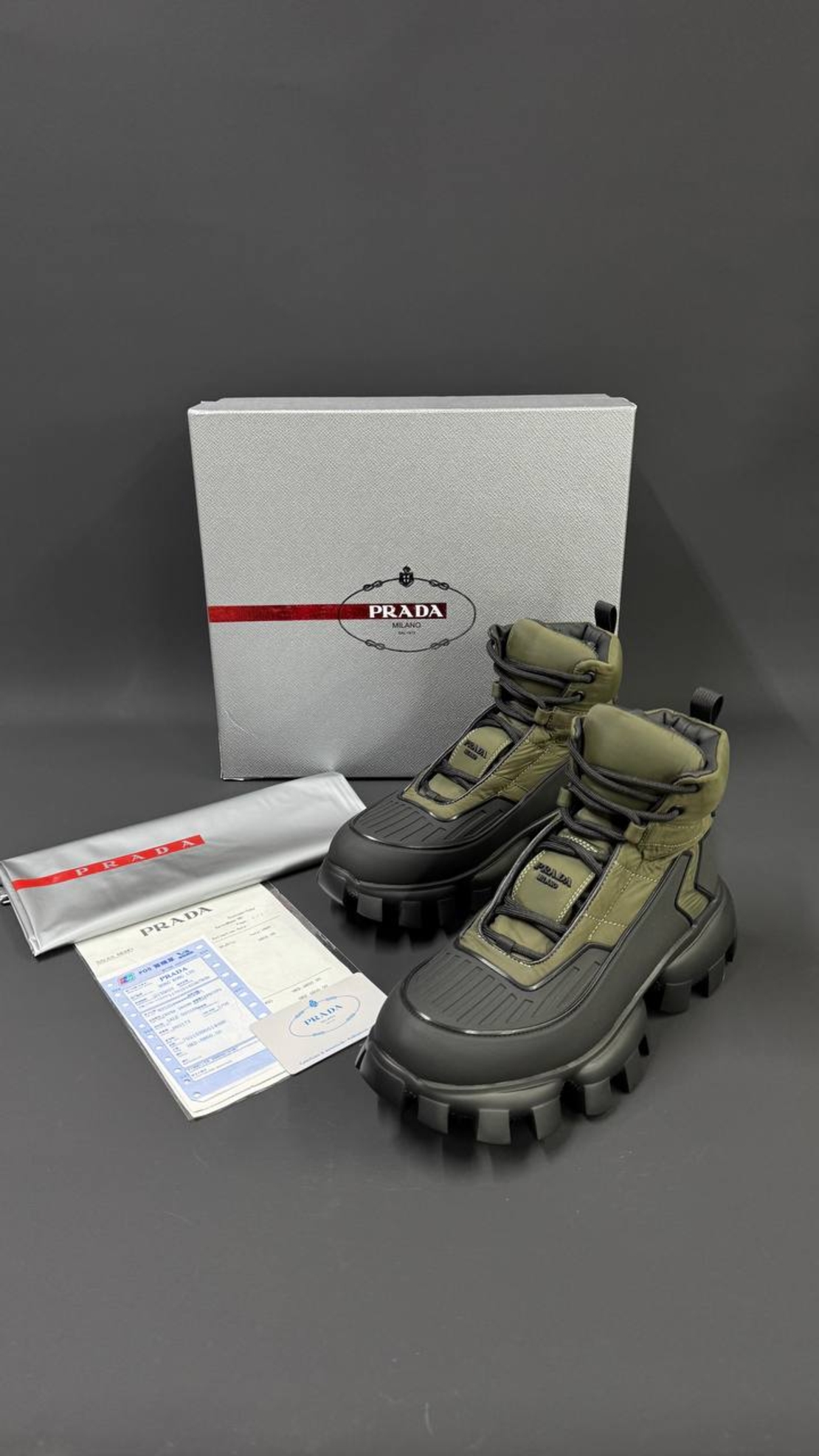 Prada Monolith Gabardine Boots – Military Green / Black