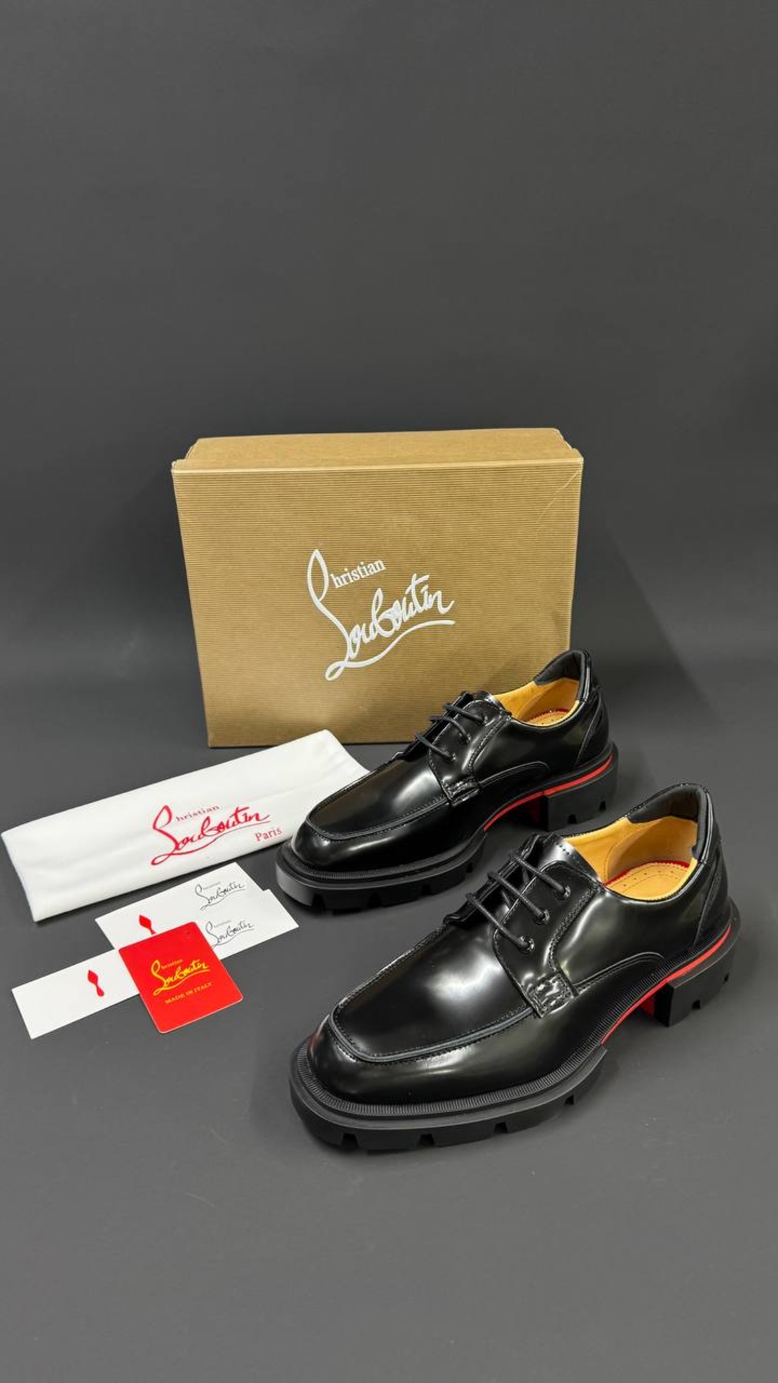 Christian Louboutin Greggo Trek Derby – Black Patent / Red Sole