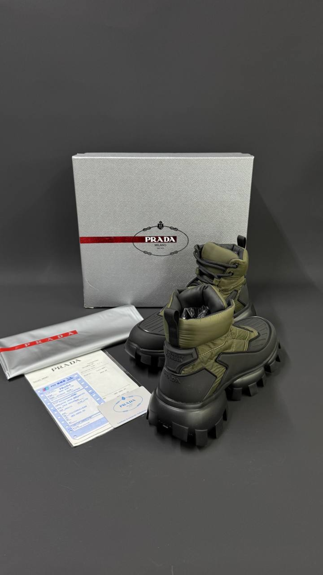 Prada Monolith Gabardine Boots – Military Green / Black