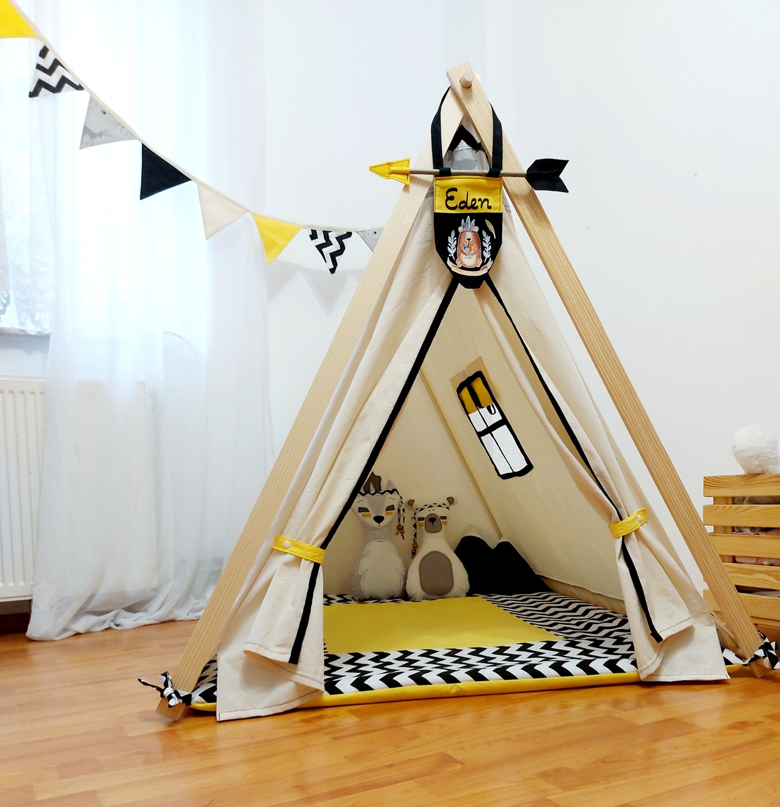 Детска палатка Арвен в черно бял зиг, сиво и жълто