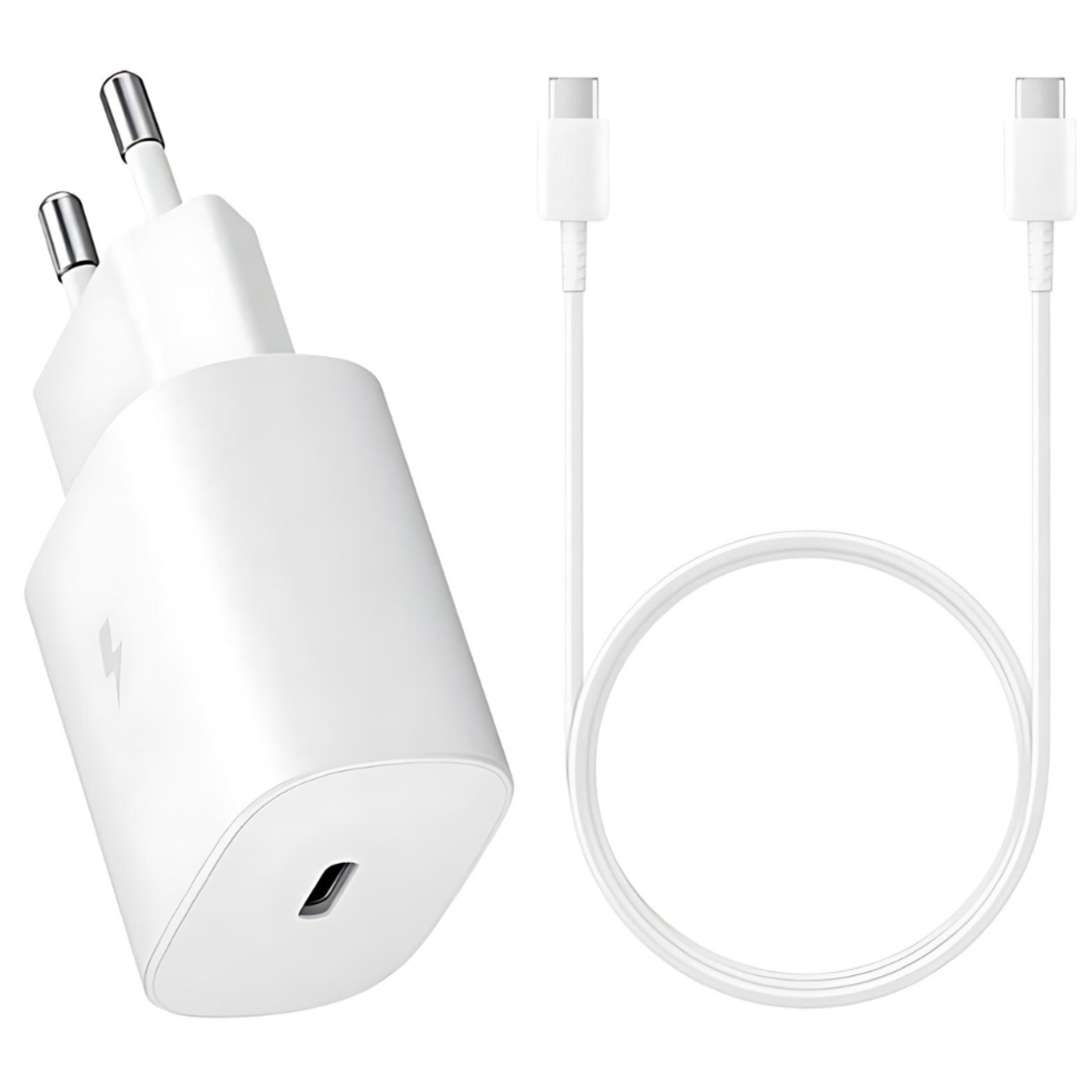 Оригинално зарядно устройство комплект , 25W, 3A, 1 x USB-C, с USB-C кабел, в плик, Бяло