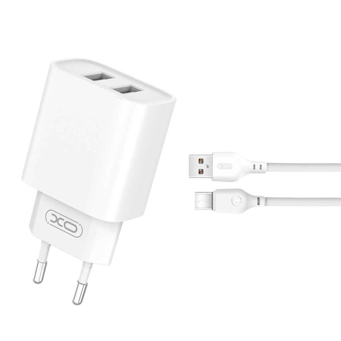 Зарядно устройство комплект  2x USB 2,1A + USB-C кабел, Бяло