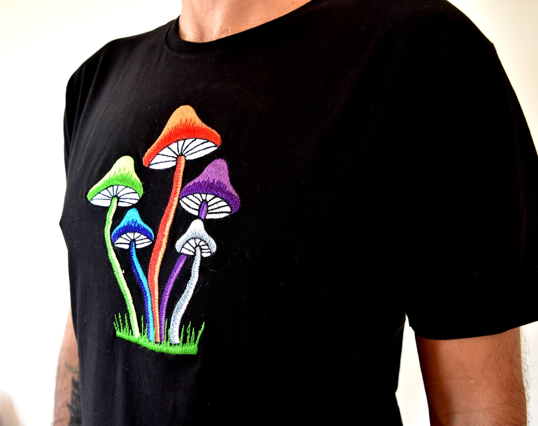 Colorful Mushrooms Embroidery T-shirt