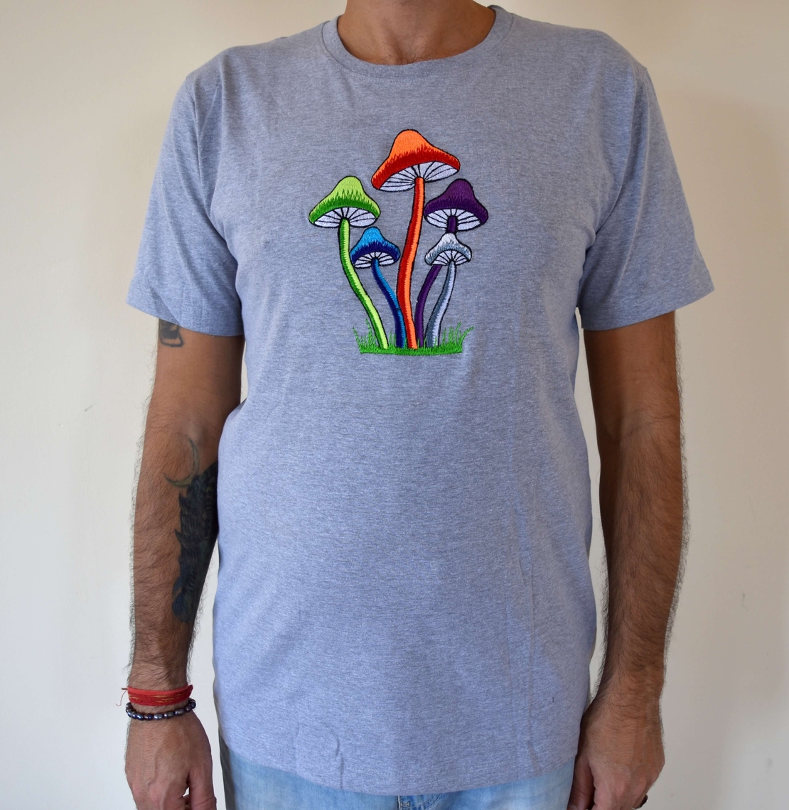 Colorful Mushrooms Embroidery T-shirt