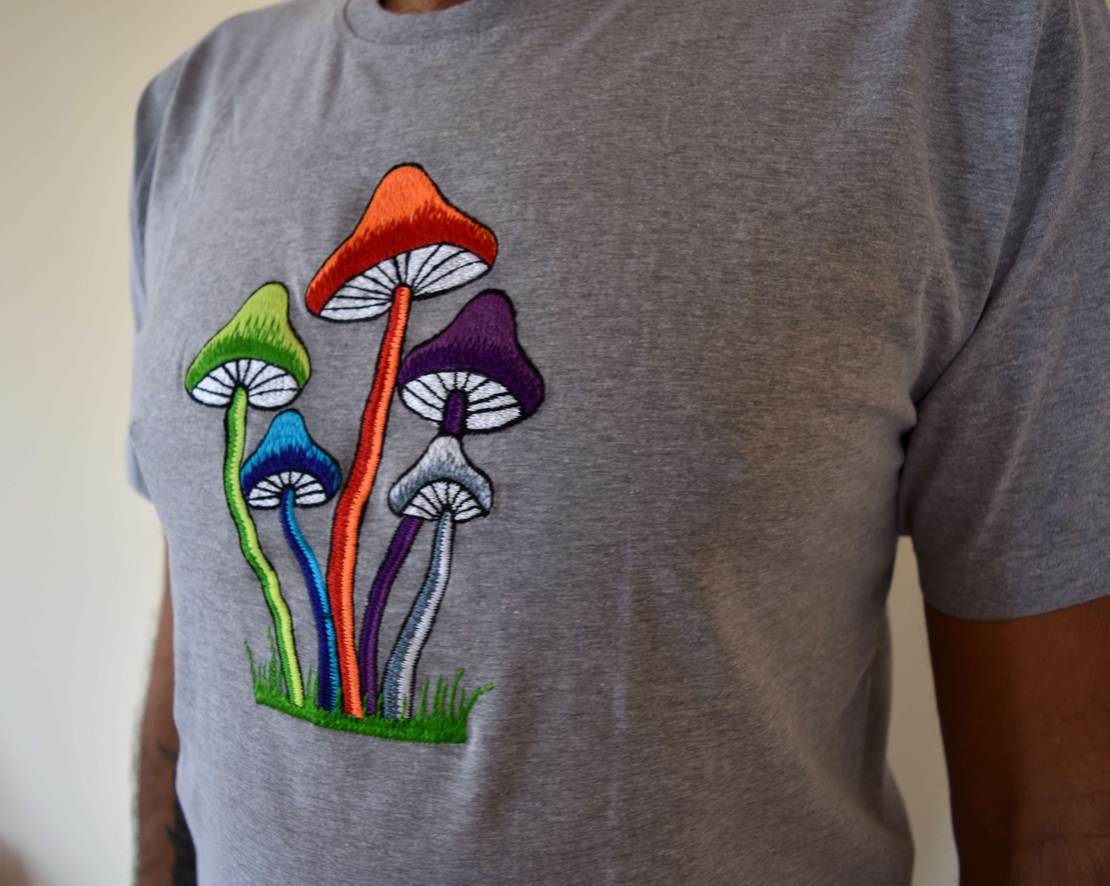 Colorful Mushrooms Embroidery T-shirt