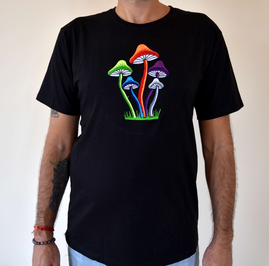 Colorful Mushrooms Embroidery T-shirt