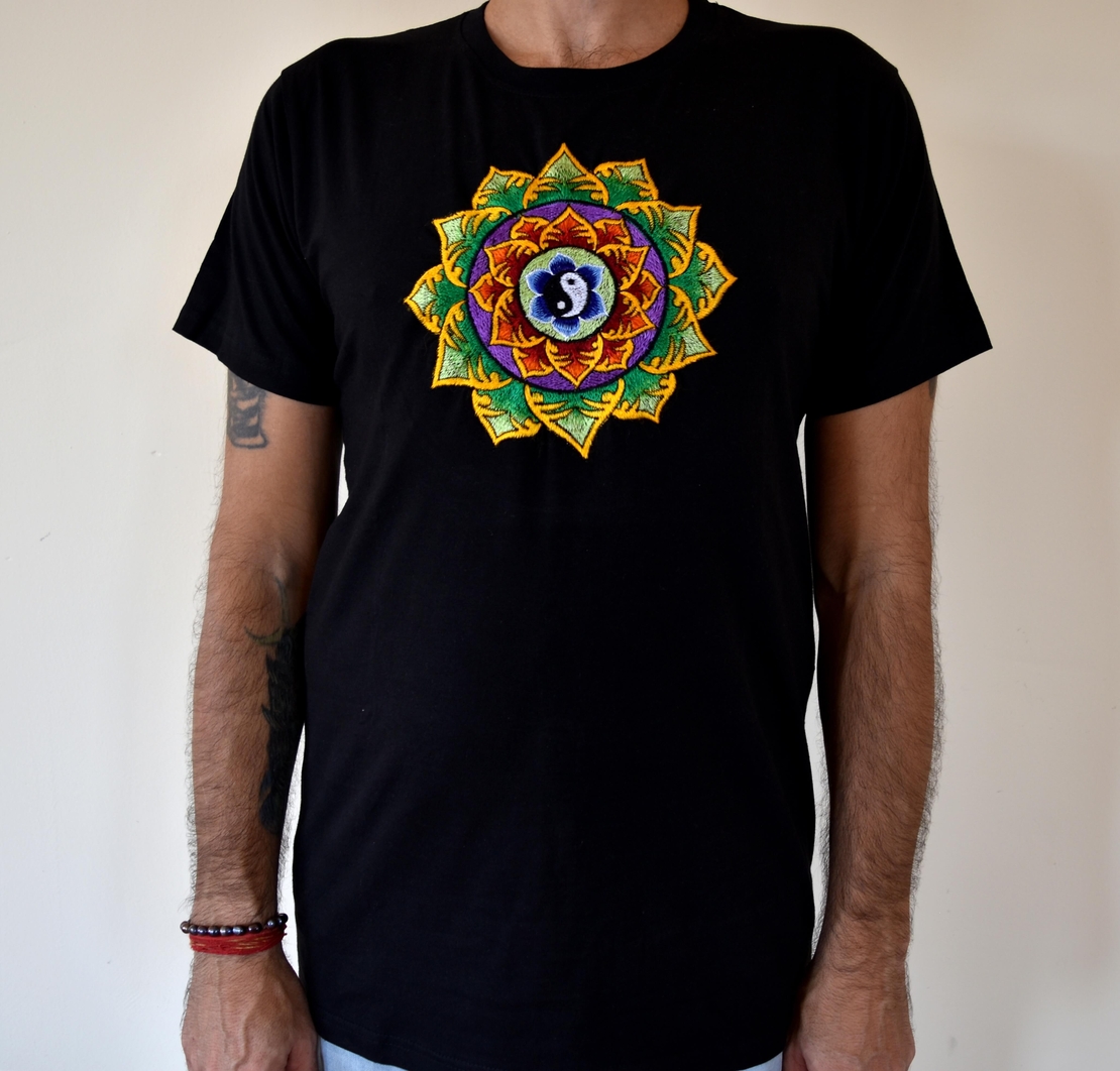 Double Lotus with Yin and Yang Embroidery T-shirt