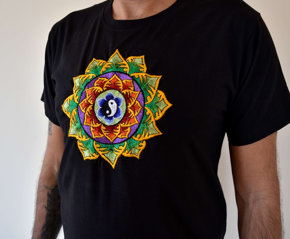 Double Lotus with Yin and Yang Embroidery T-shirt