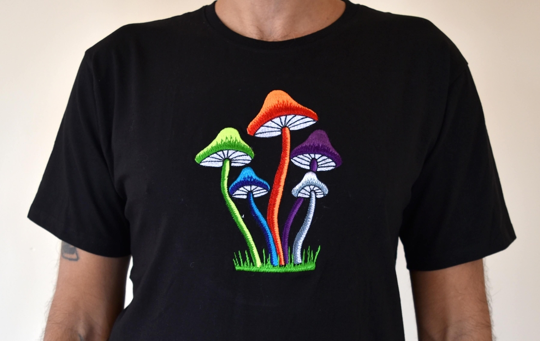 Colorful Mushrooms Embroidery T-shirt