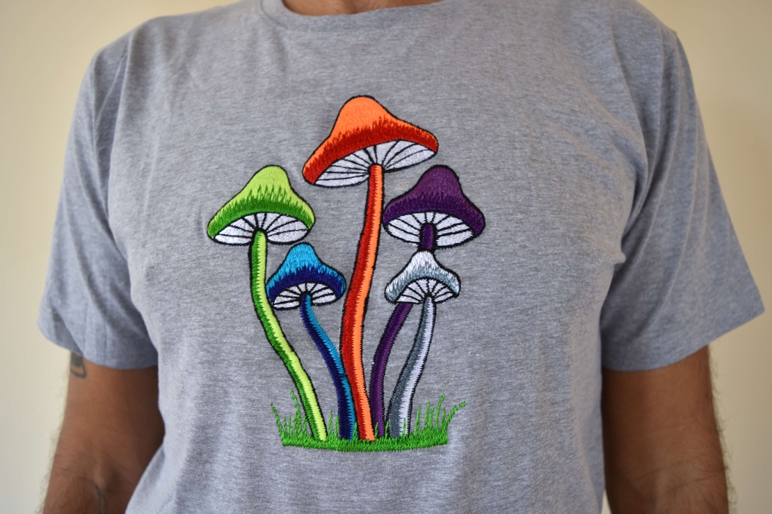 Colorful Mushrooms Embroidery T-shirt