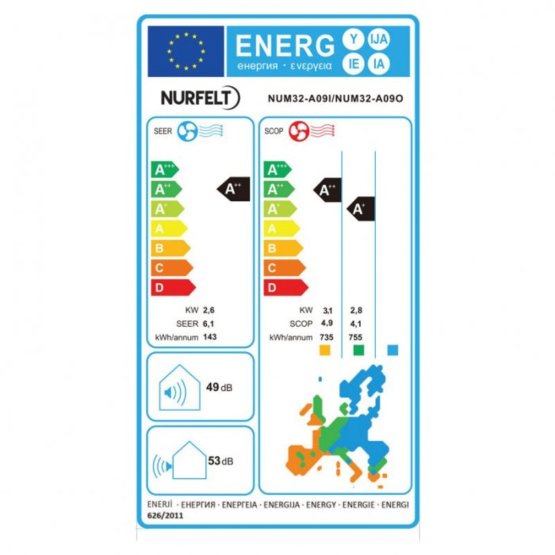 Инверторен климатик Nurfelt NUM32-A09I/NUM32-A09O, 9000 BTU, Клас A++