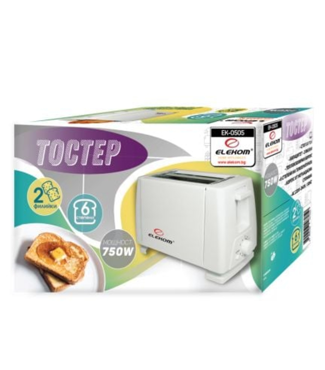 Тостер ЕК-0505, 750W, Стоп бутон, 6 степени, 2 филийки, Корпус от неръждаема стомана
