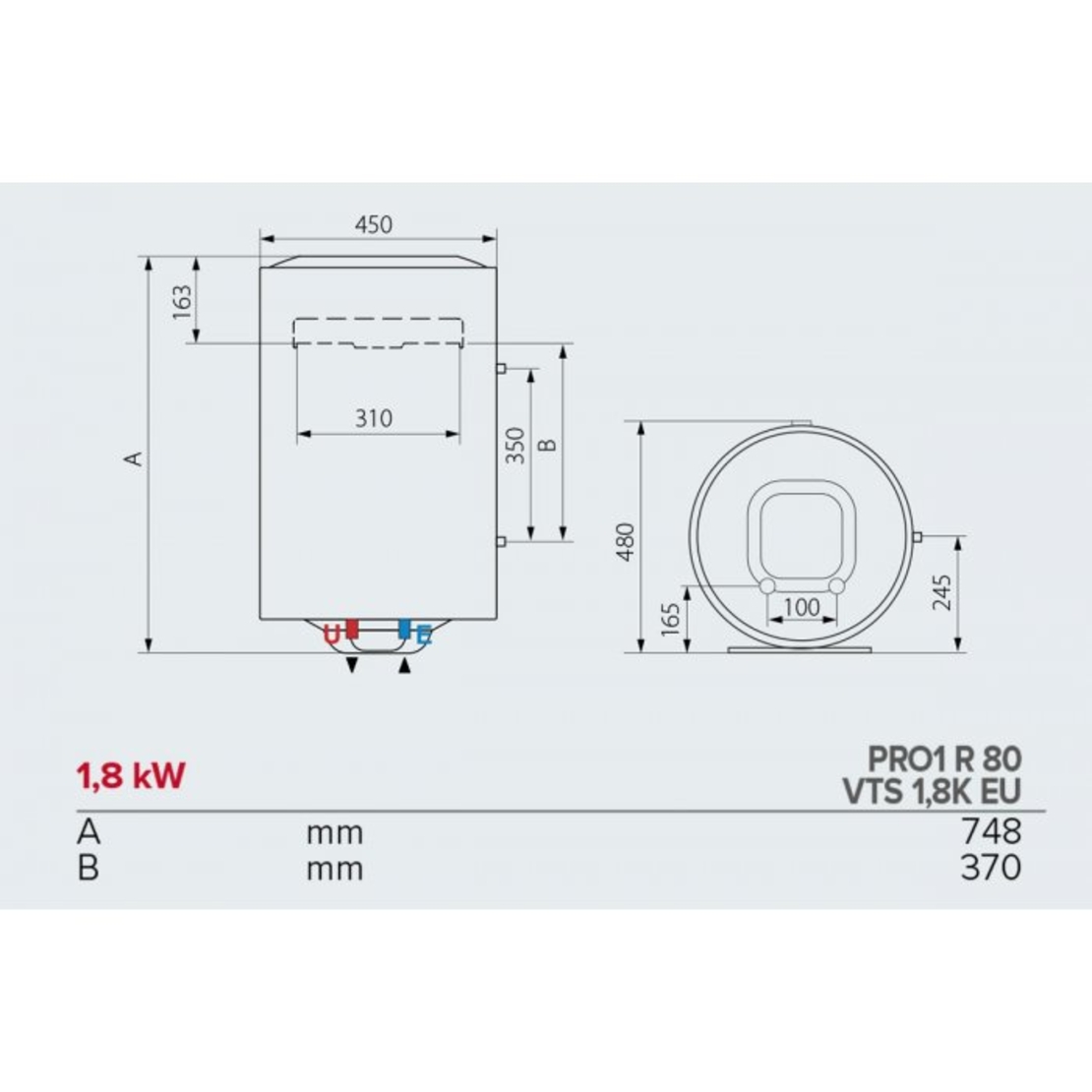 Вертикален бойлер Ariston PRO1 R 80 VTS 1,8K EU с лява серпентина