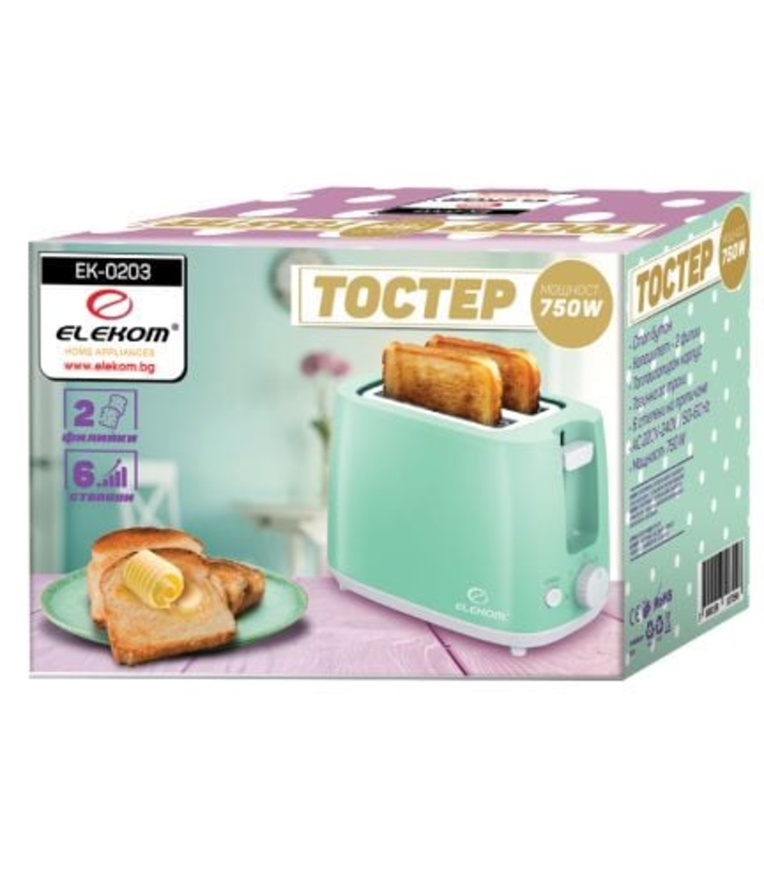 Тостер ЕК-0203, 750W, Стоп бутон, 2 филийки, 6 степени