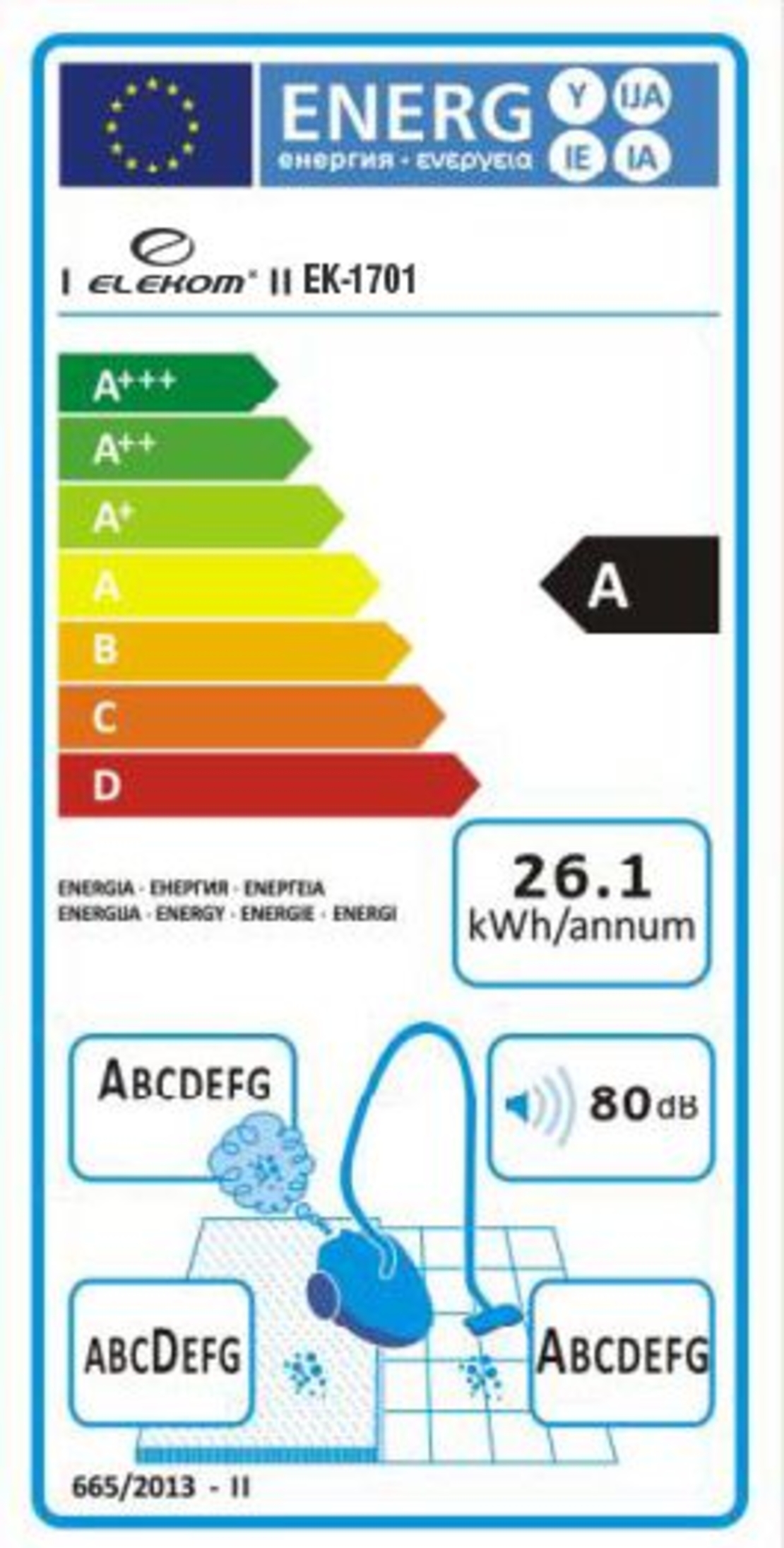 Прахосмукачка ЕК-1701, 700W, 80dB, HEPA филтър, Капацитет на торбата 3 л., Засмукване 16кPa