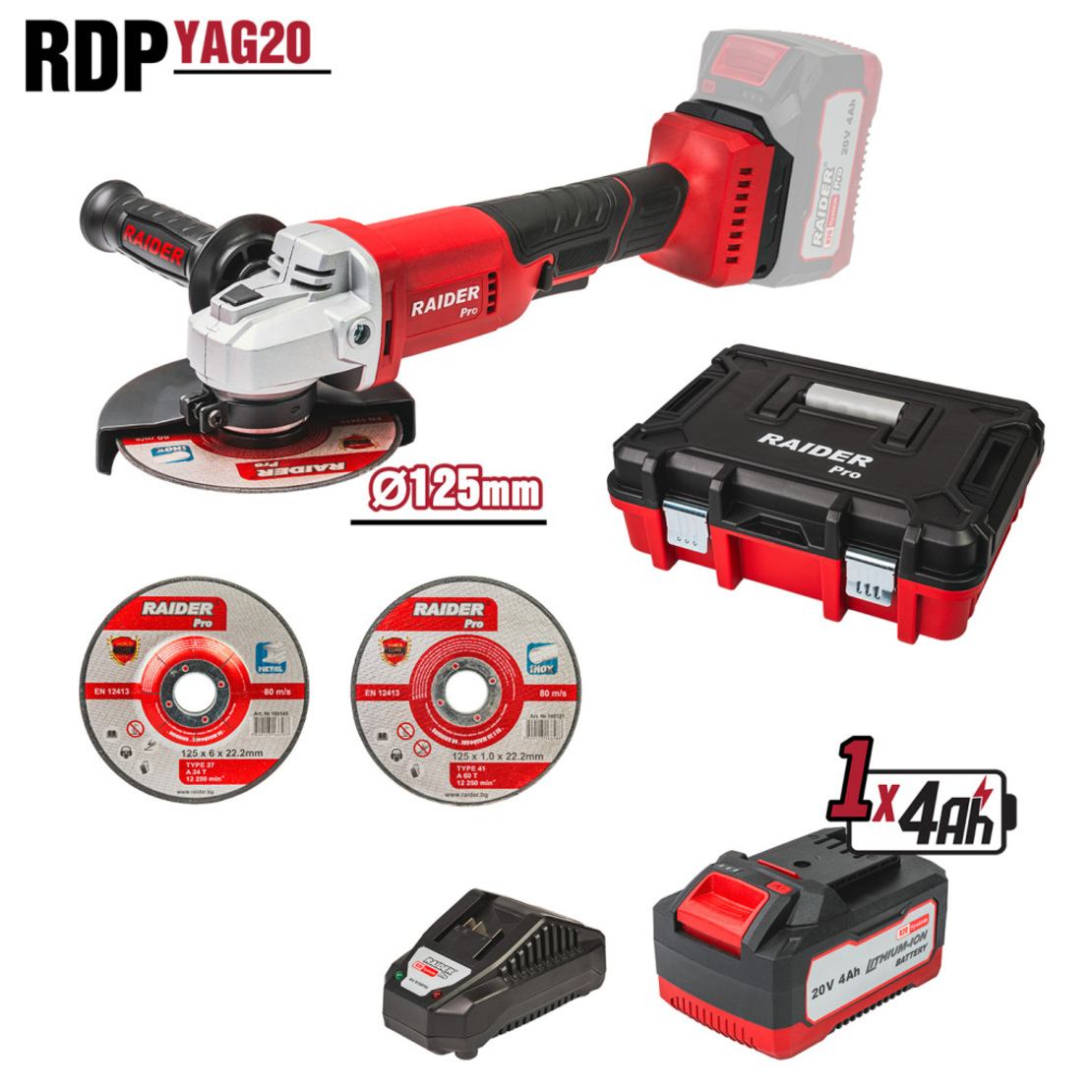 R20 Ъглошлайф Ø125mm 4Ah 2 диска Куфар RDP-YAG20