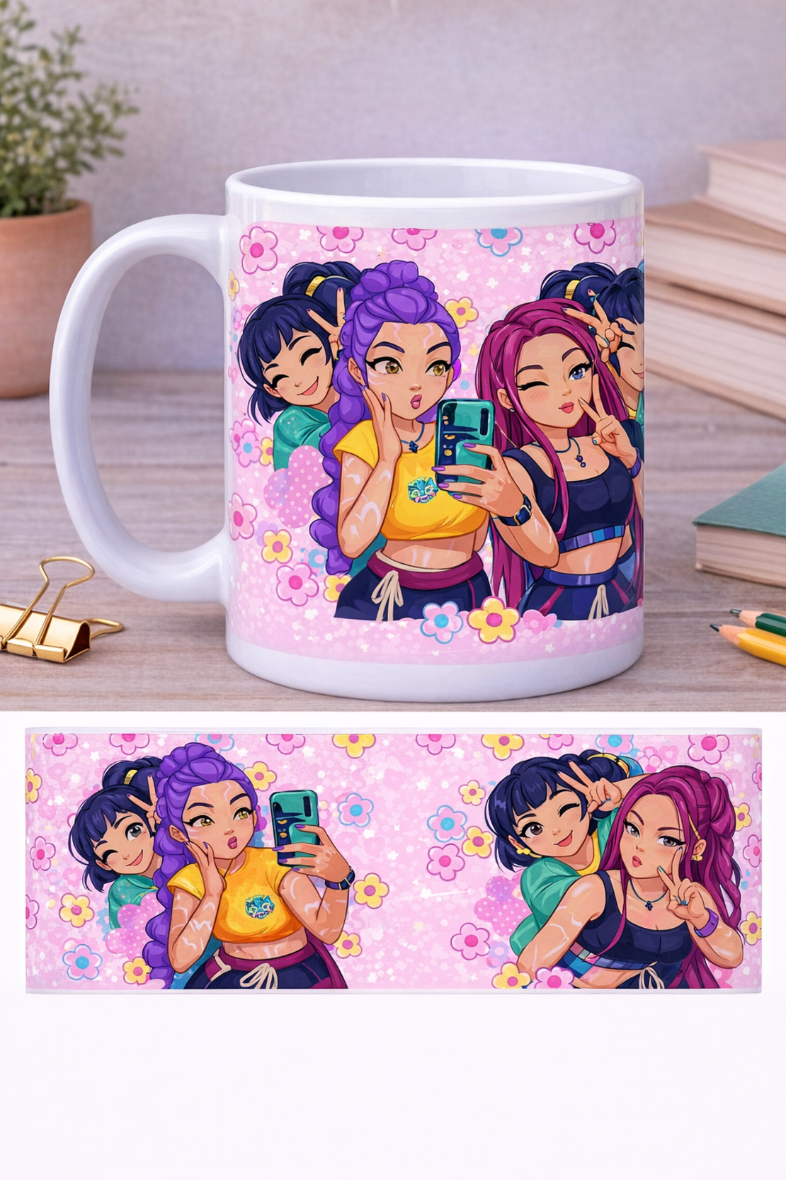 Чаша „Най-добри приятелки“ – K-pop стил анимационен дизайн