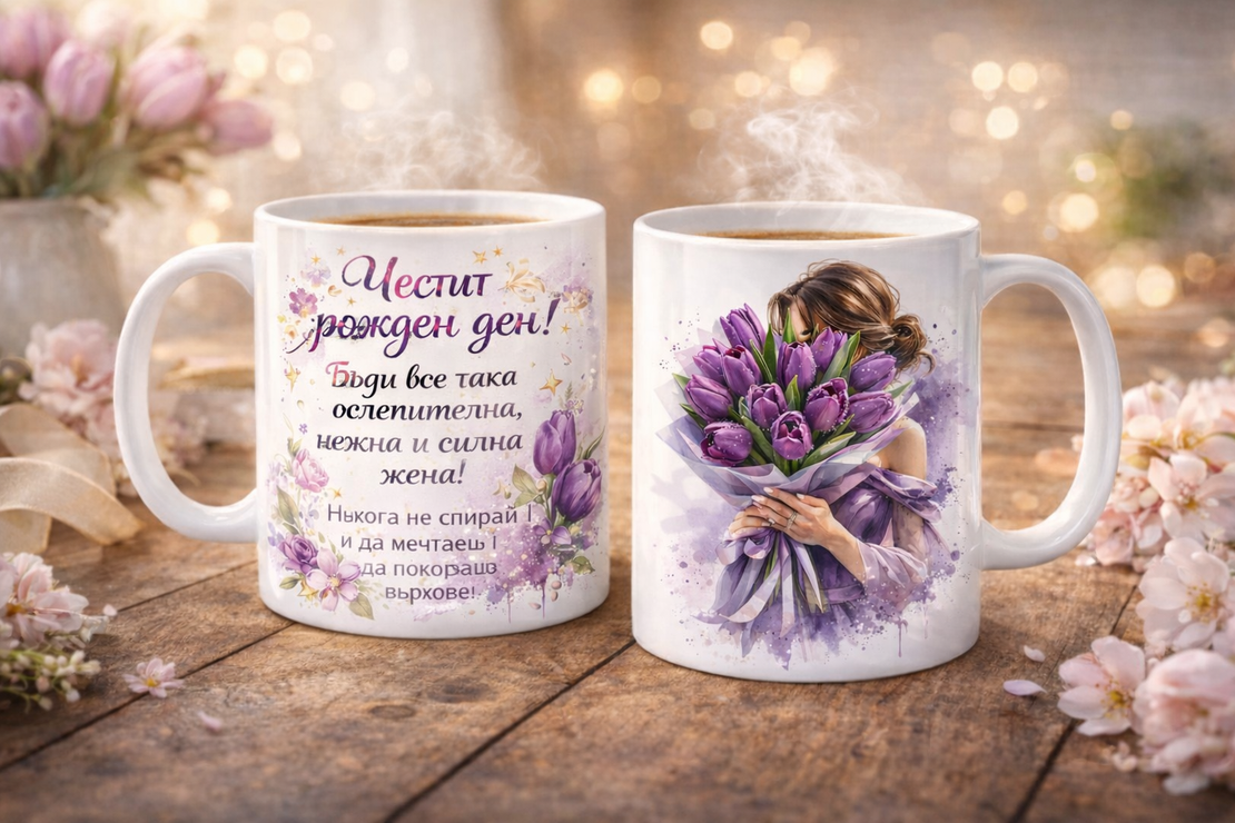 Подаръчна чаша „Честит рожден ден“ – чаша с цветя и пожелание