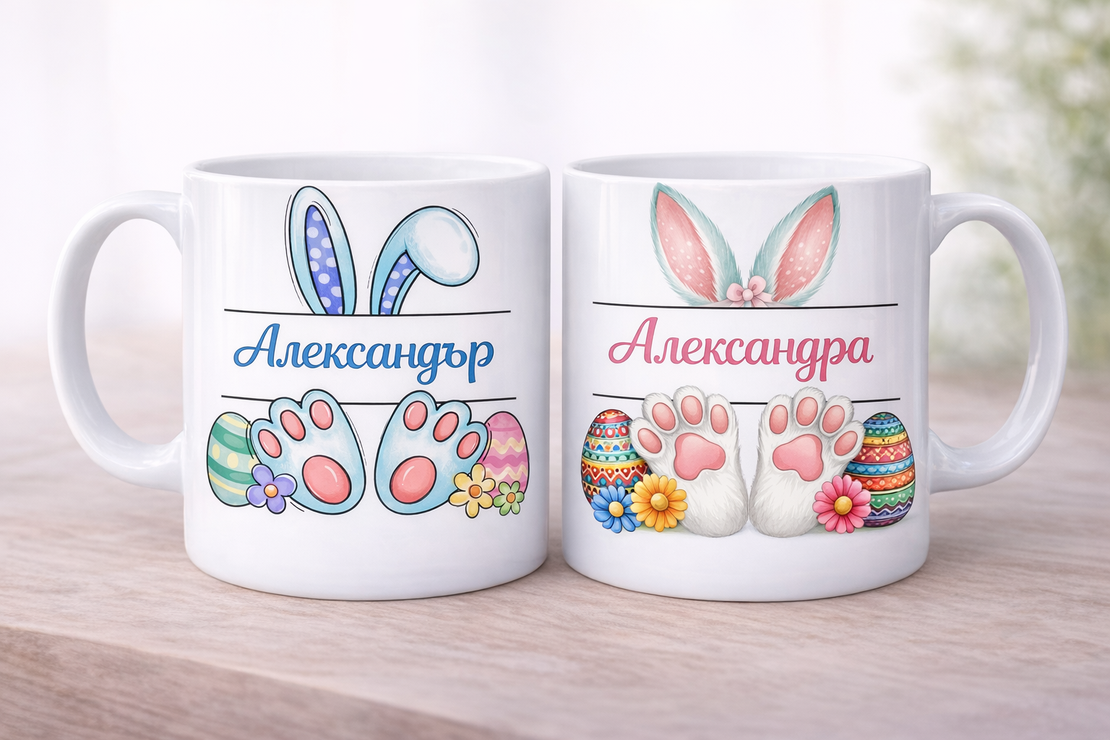 Персонализирана великденска чаша с име – подарък за дете със зайче