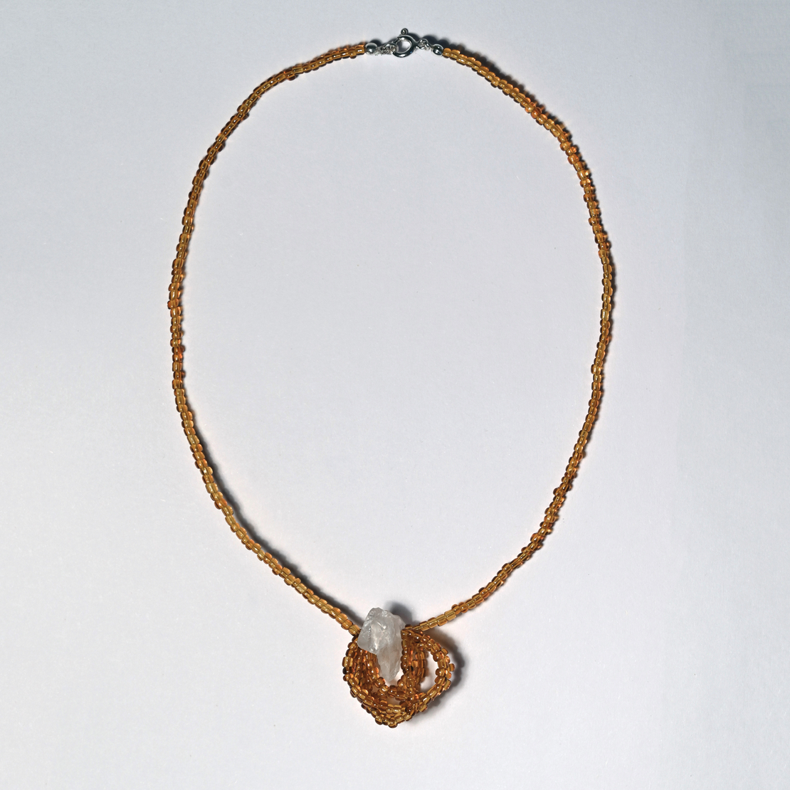 Natural Raw Quartz Glass Seed Beads Sterling Silver 925 Necklace in Brown