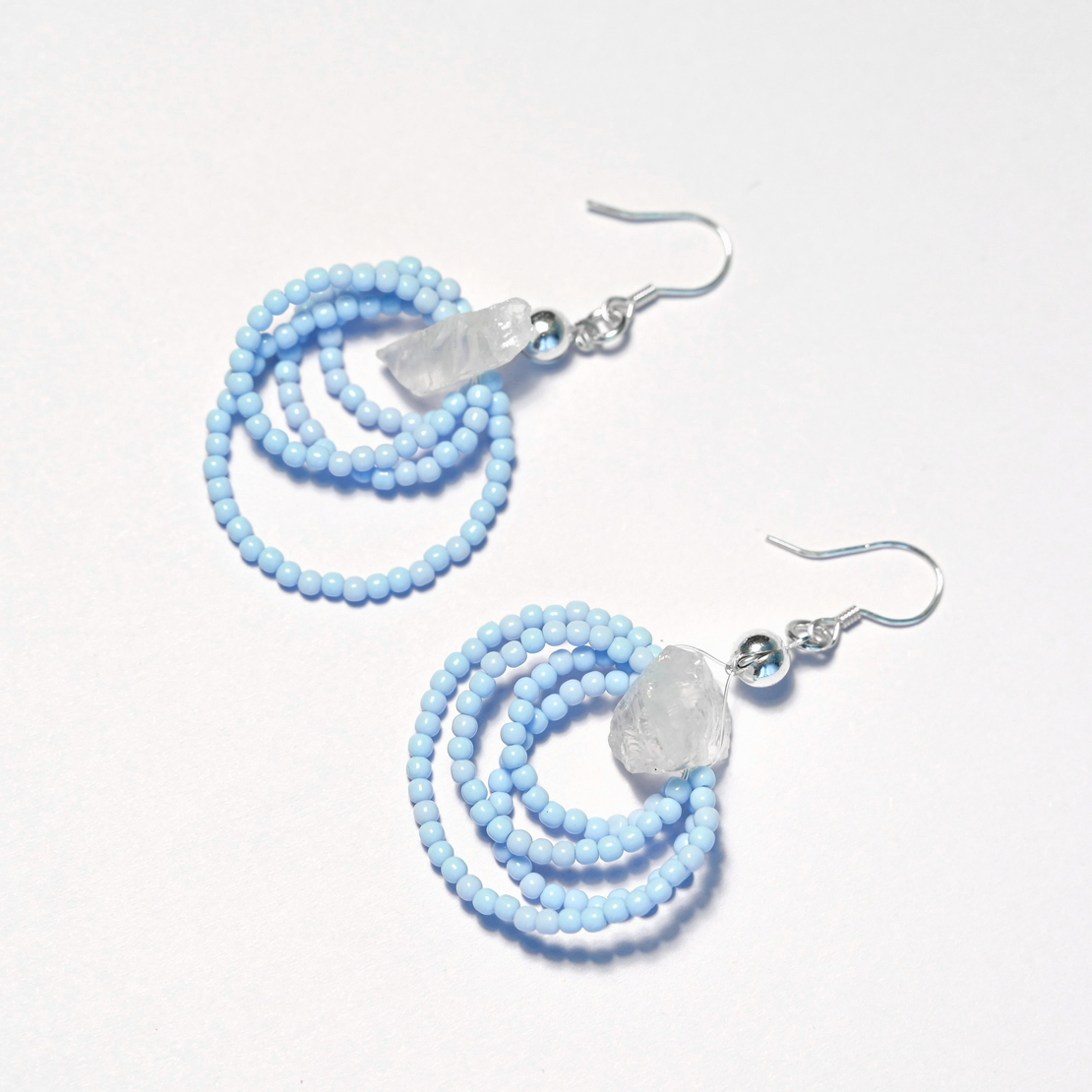 Clear Quartz Glass Seed Beads Silver 925 Earrings in Light Blue