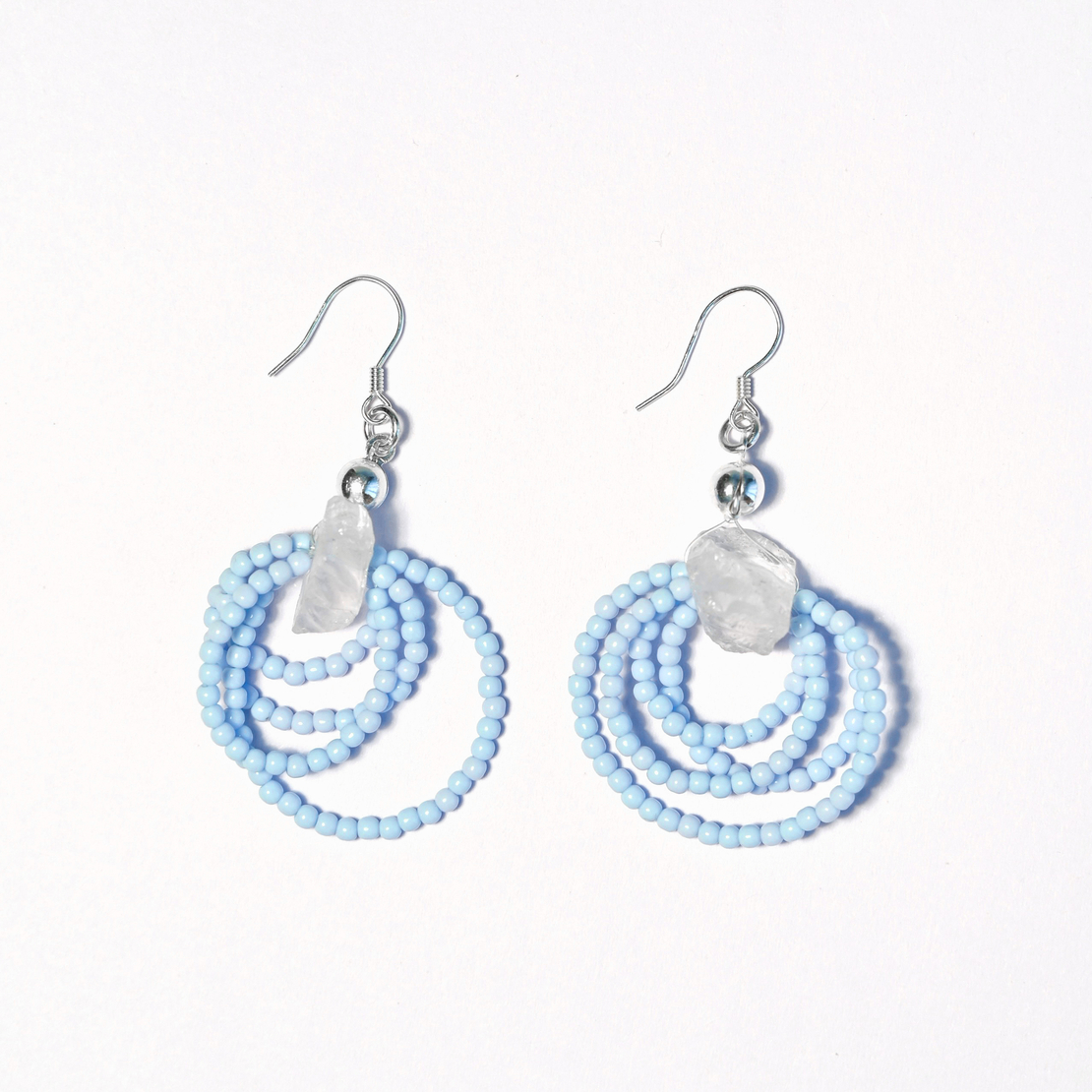 Clear Quartz Glass Seed Beads Silver 925 Earrings in Light Blue