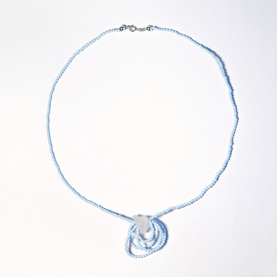 Natural Raw Quartz Glass Seed Beads Sterling Silver 925 Necklace in Light Blue