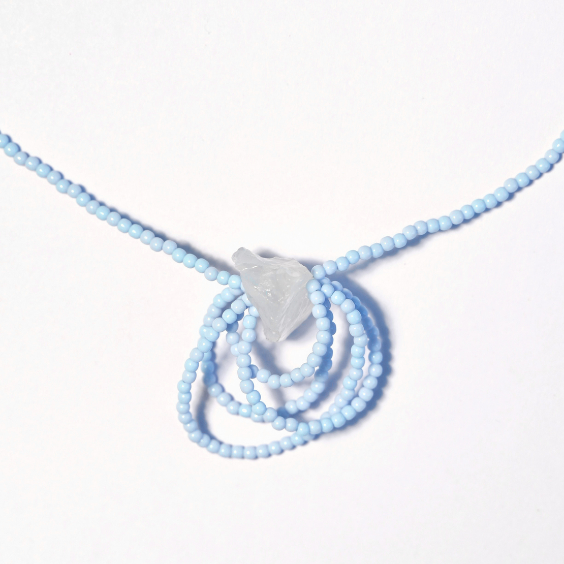 Natural Raw Quartz Glass Seed Beads Sterling Silver 925 Necklace in Light Blue