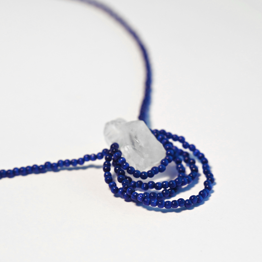 Natural Raw Quartz Glass Seed Beads Sterling Silver 925 Necklace in Dark Blue