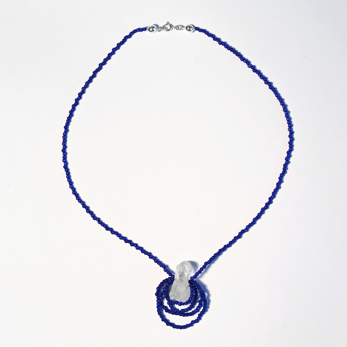 Natural Raw Quartz Glass Seed Beads Sterling Silver 925 Necklace in Dark Blue