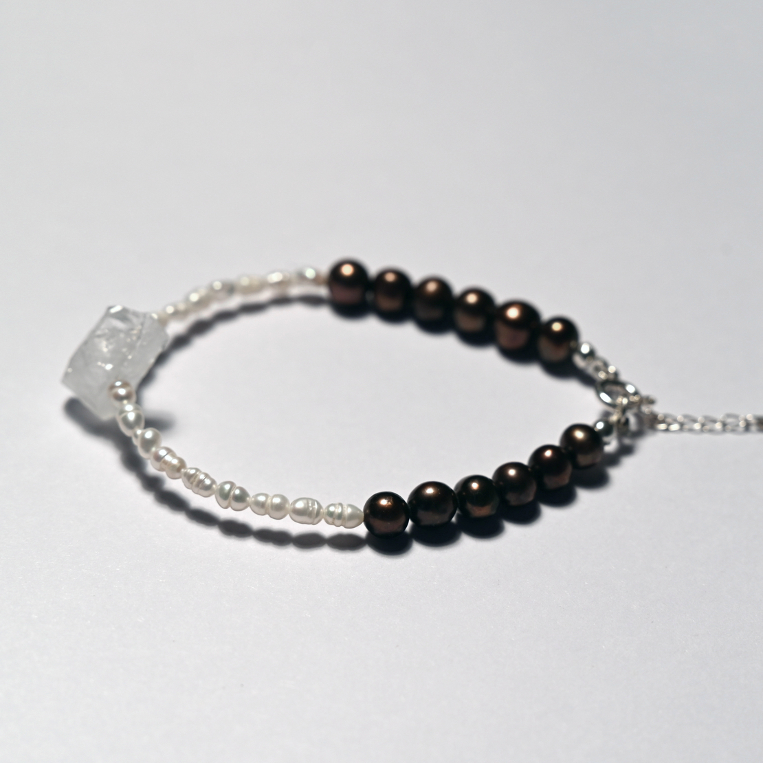 Natural Freshwater Pearl + Clear Crystal Sterling Silver Bracelet