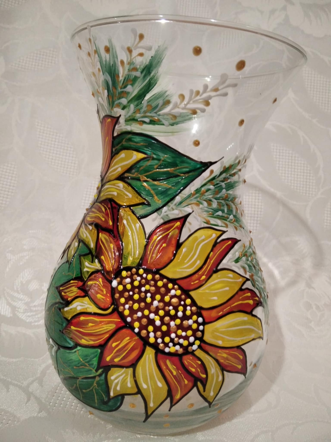 Hand painted glass vase with sunflowers