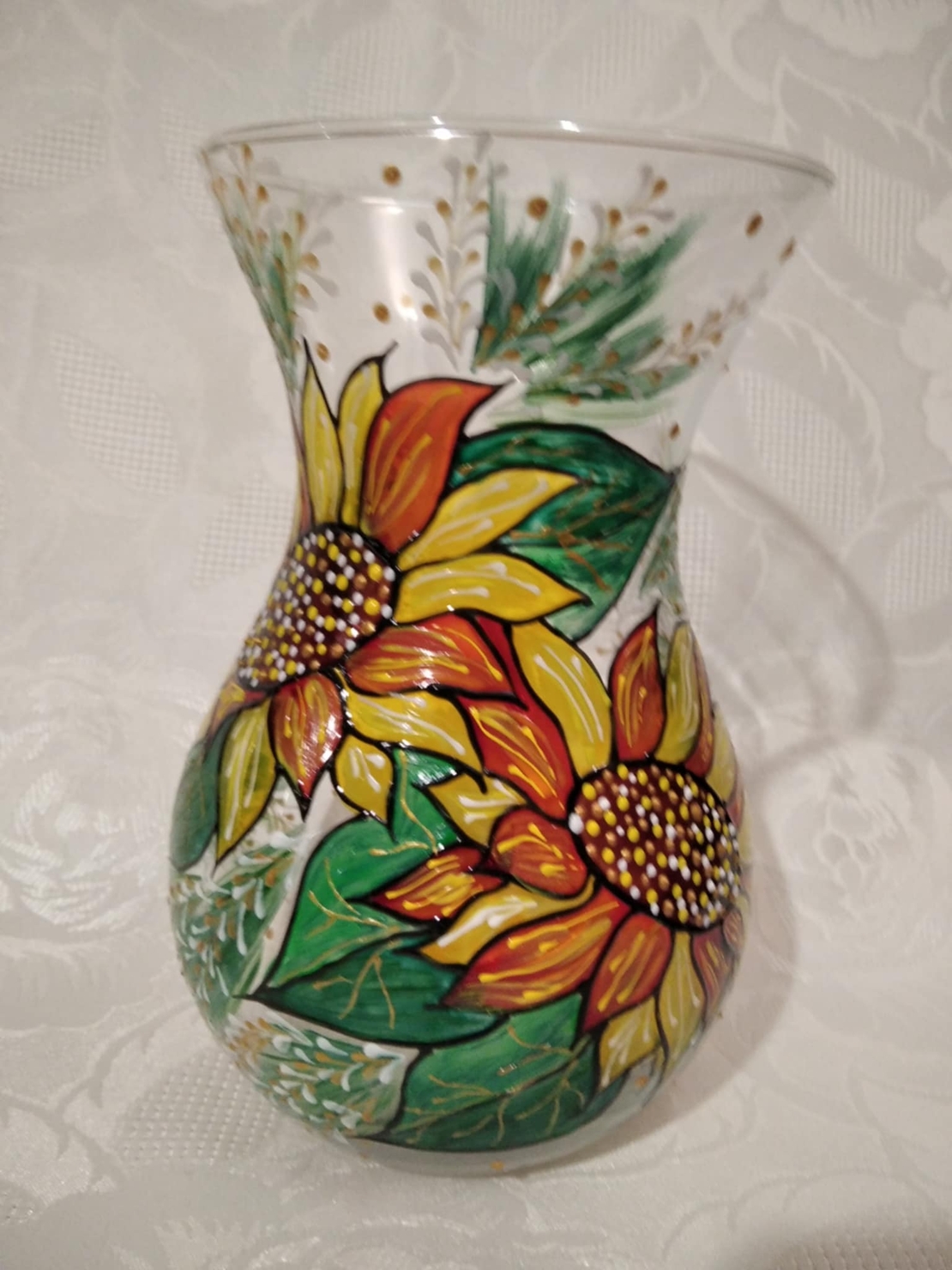 Hand painted glass vase with sunflowers