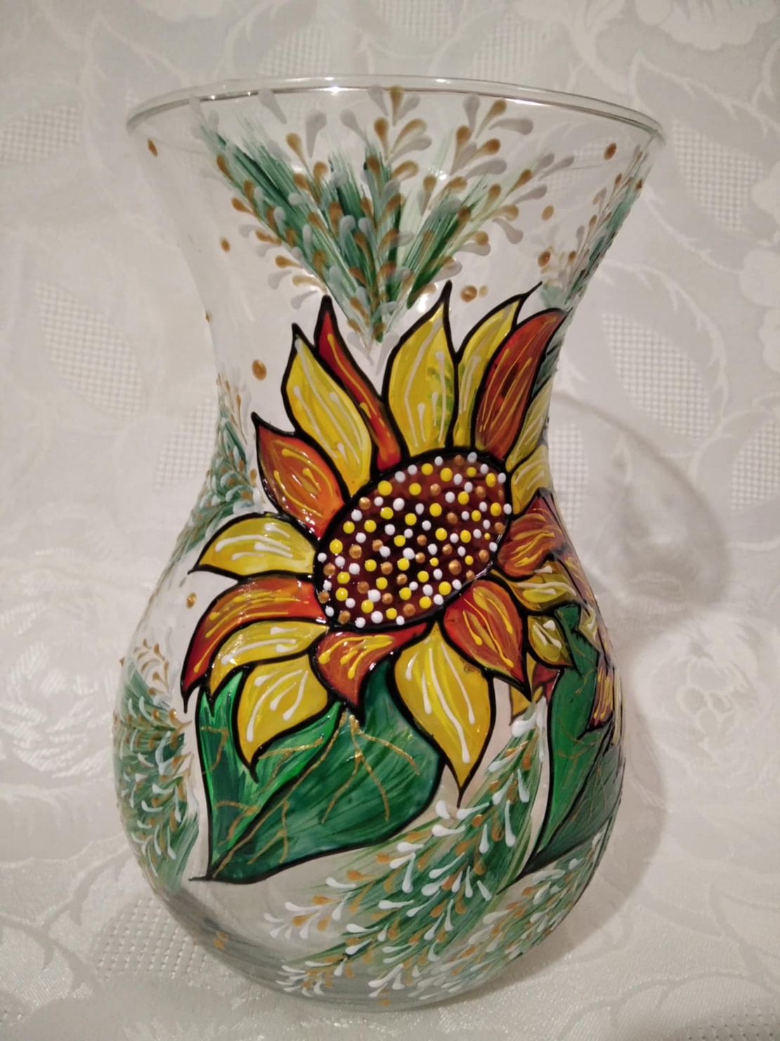 Hand painted glass vase with sunflowers