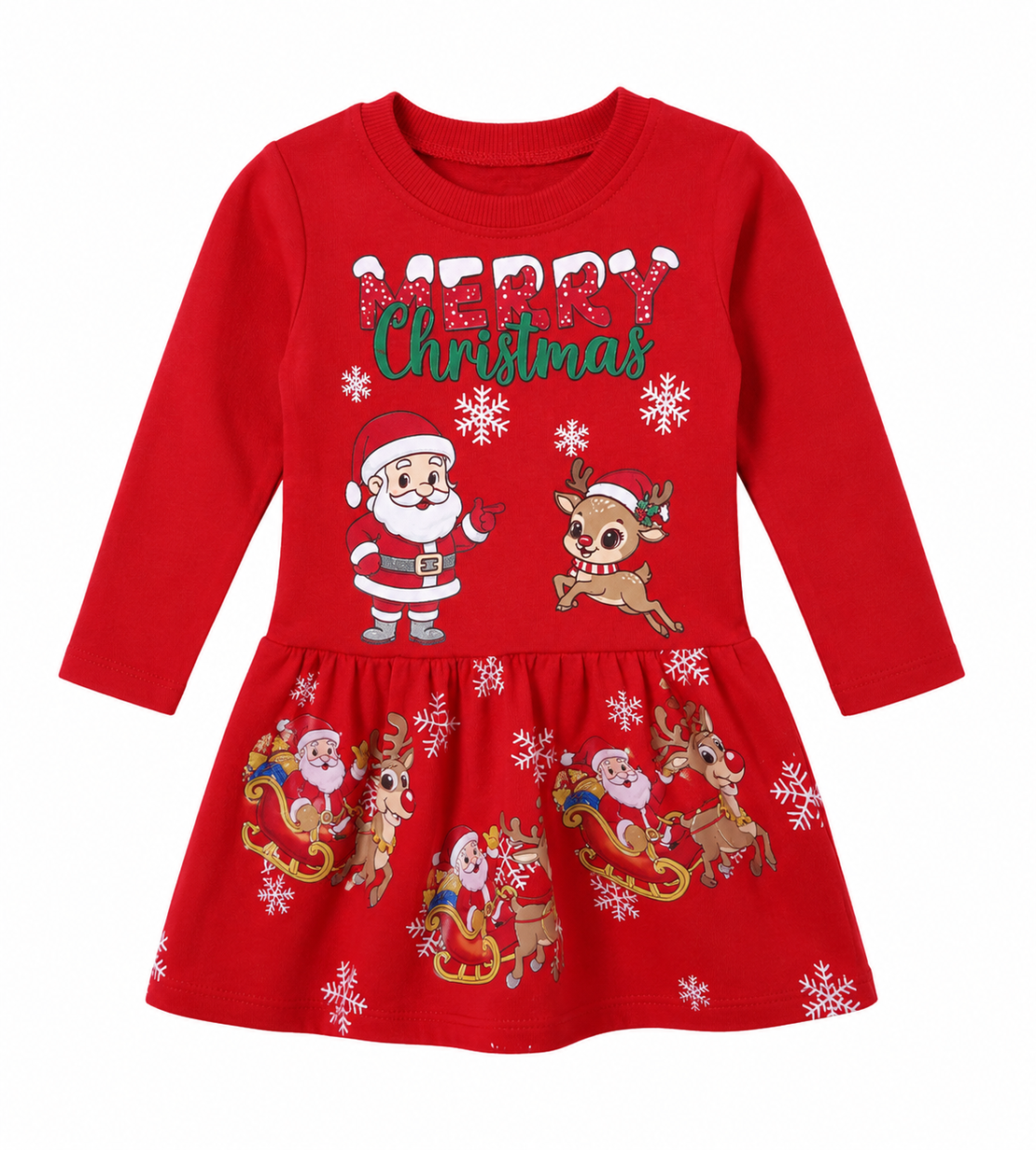 Детска коледна рокля Merry Christmas с Дядо Коледа и еленче