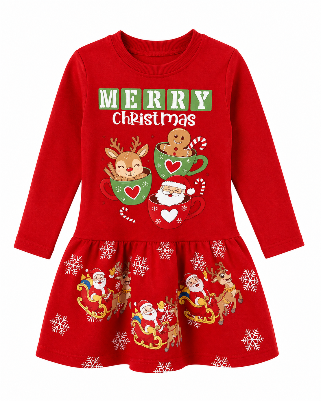 Ватирана детска коледна рокля Merry Christmas с еленче, Дядо Коледа и джинджифилово човече