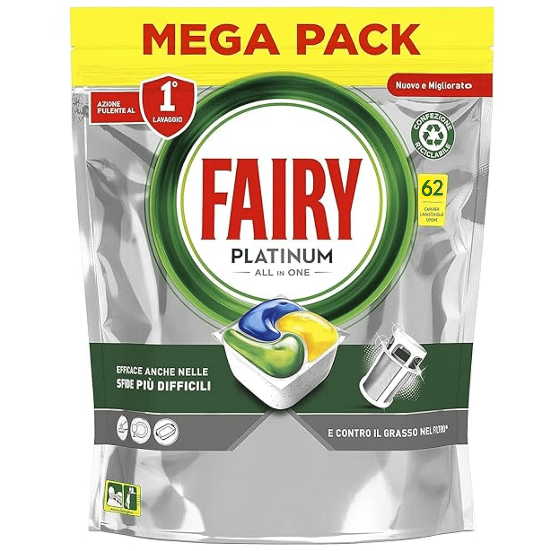Таблетки за съдомиялна Fairy Platinum All in One, 62 броя
