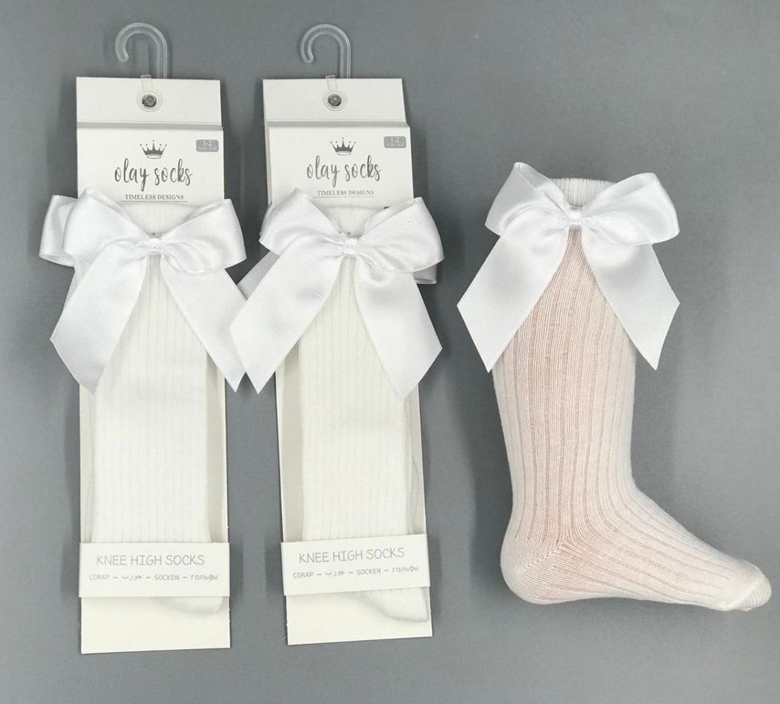 Детски чорапи до коляното с панделка - бели